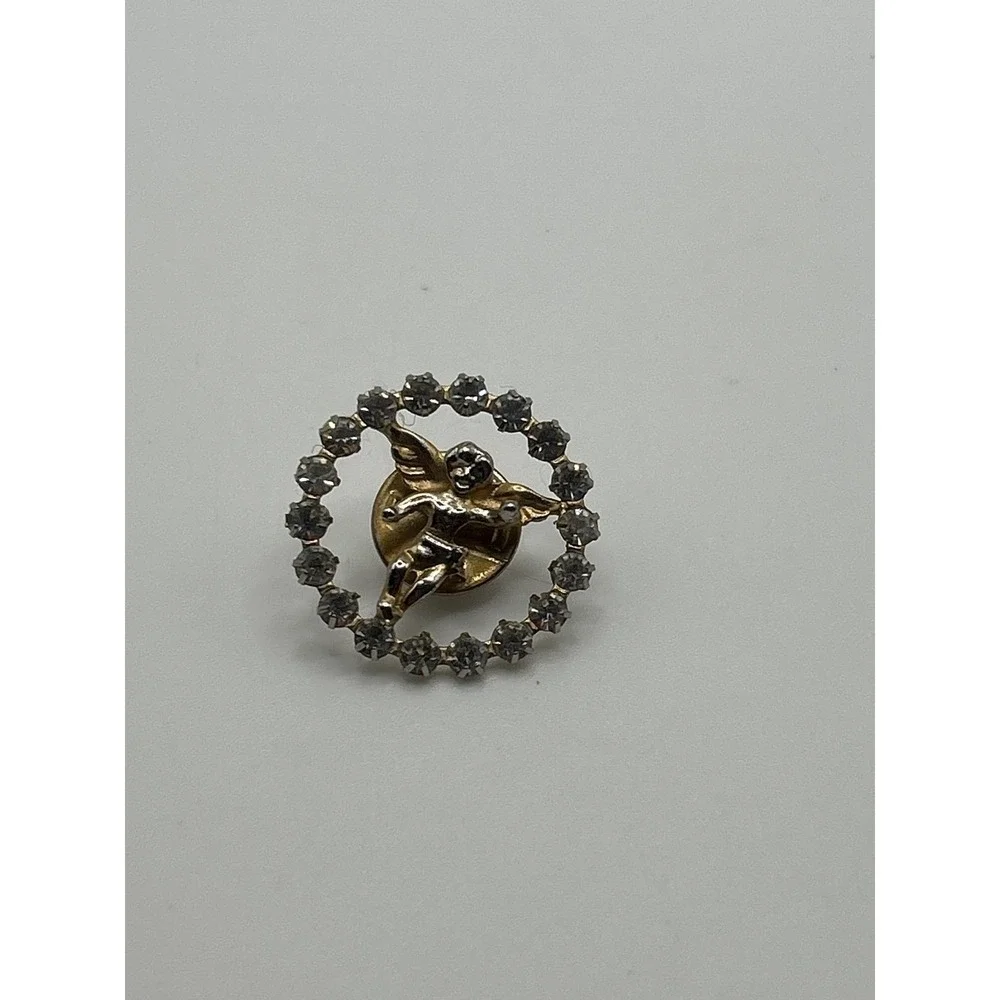 Angel Cherub Rhinestone Lapel Pin Brooch Gold Tone Costume Jewelry Crystal